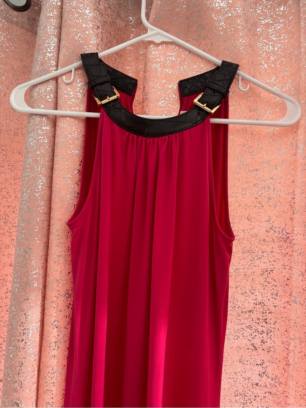 Michael Kors Hot Pink Halter Dress with Black Croc-Detail Strap
